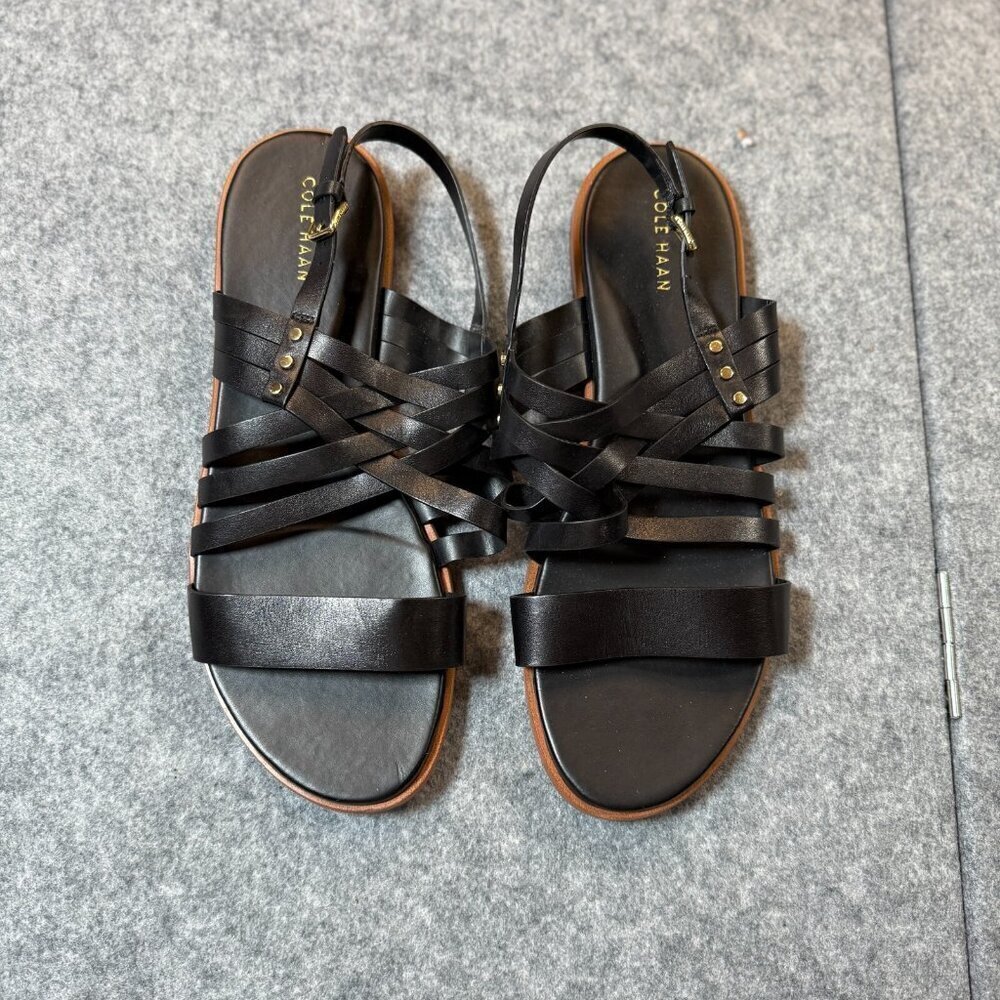 Cole Haan Francie W21146 Womens US 9 B Casual Sandals Black Leather Strappy Flat